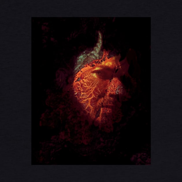 Portrait, digital collage and special processing. Devil face, side. Horn and lava texture. Red spots, glowing orange. by 234TeeUser234